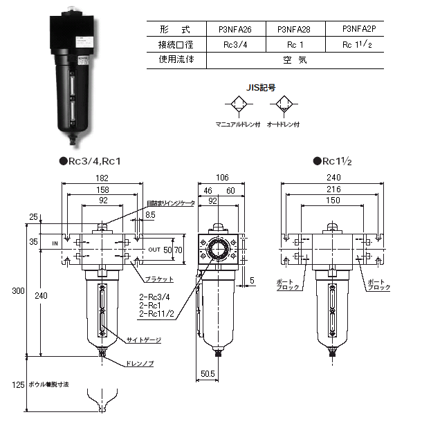 外形寸法図／コアレッシングフィルタ 「Ｐ３ＮＦＡシリーズ」